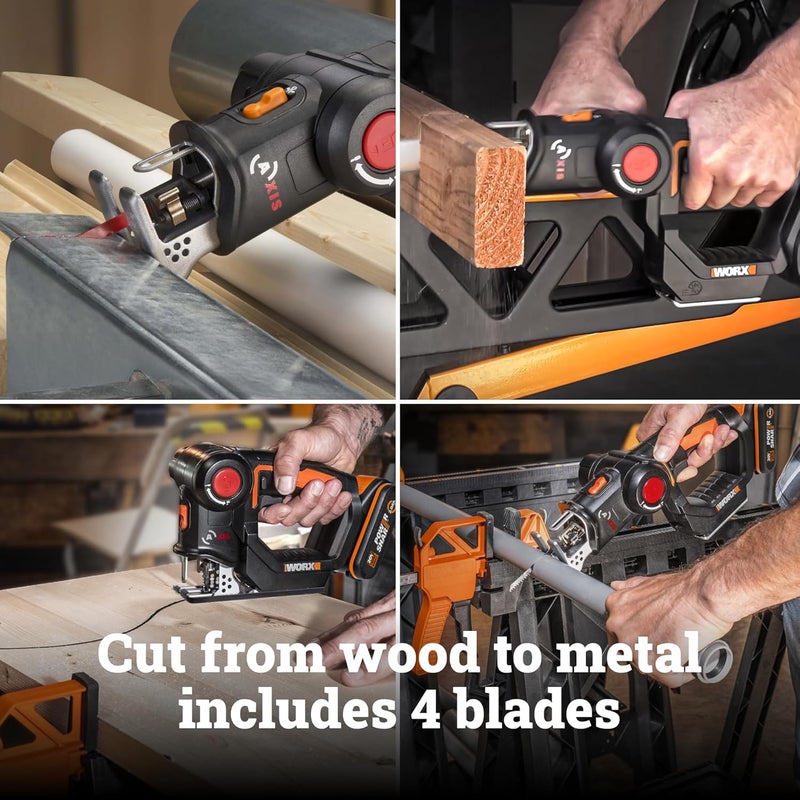 WORX Cordless Reciprocating Saw&Jigsaw, 20V ¾" 2-in-1 Saw, ¾" Stroke Length, 2-in-1 functions, 4 Blades for Different Materials, Compact&Lightweight Design, Battery and Charger Included, PowerShare - Image 4